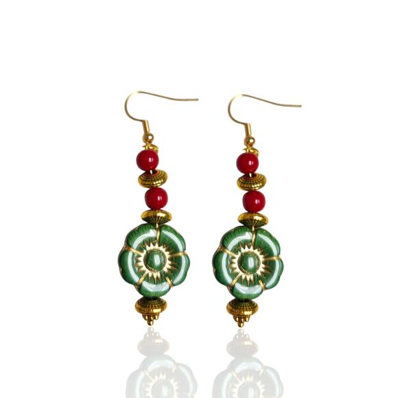 Handmade Green Czech Glass & Red Coral Earrings | Unique Artisan Jewelry - Picture 1 of 5
